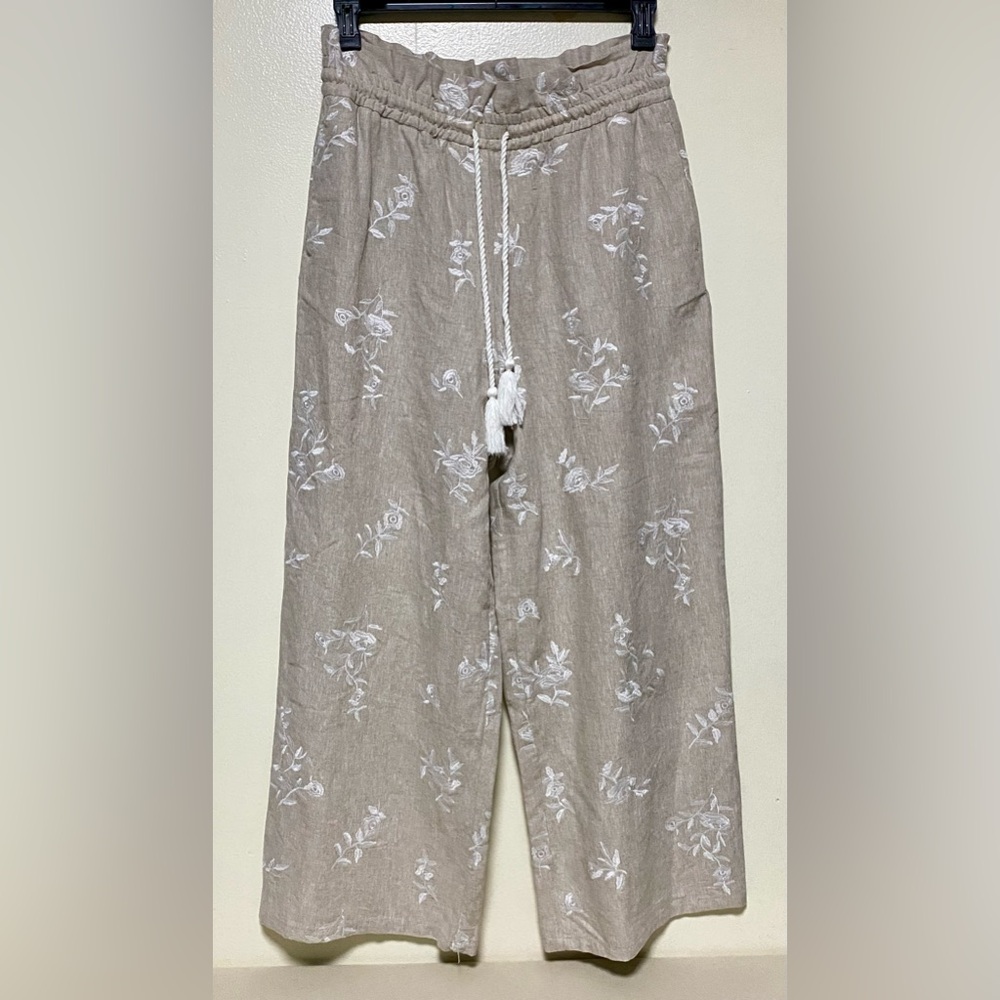 House of Harlow 1960 Wide-Leg Linen Pants White Floral Embroidery Boho Chic M